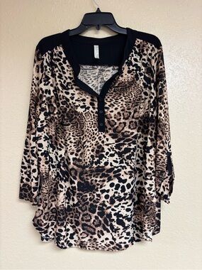 Perseption Leopard Print Henley Tunic Top - Black & Brown